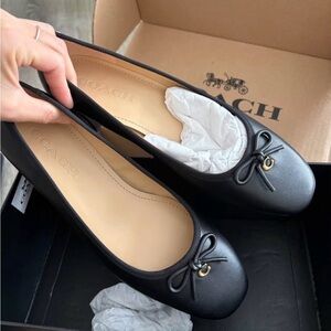 Coach Black Leather Women's Ballet Flats with Bow Accent